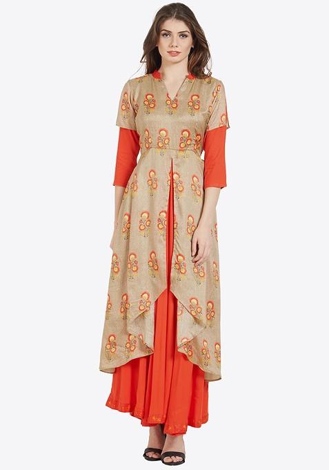 Beige Printed A Line Kurta