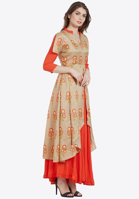 Beige Printed A Line Kurta