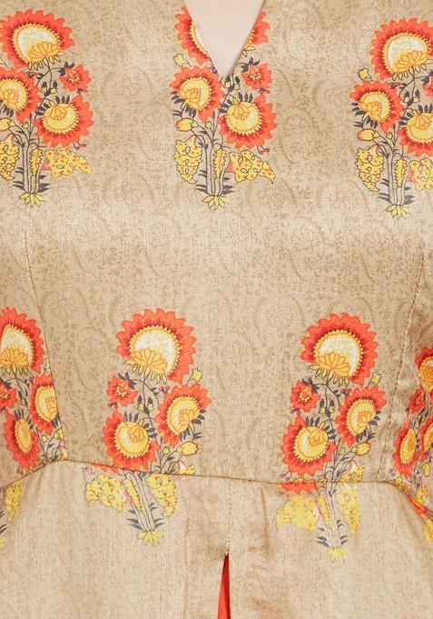 Beige Printed A Line Kurta