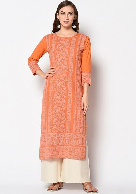 Orange And Off White Ethnic Motifs Printed Block Print Kurta