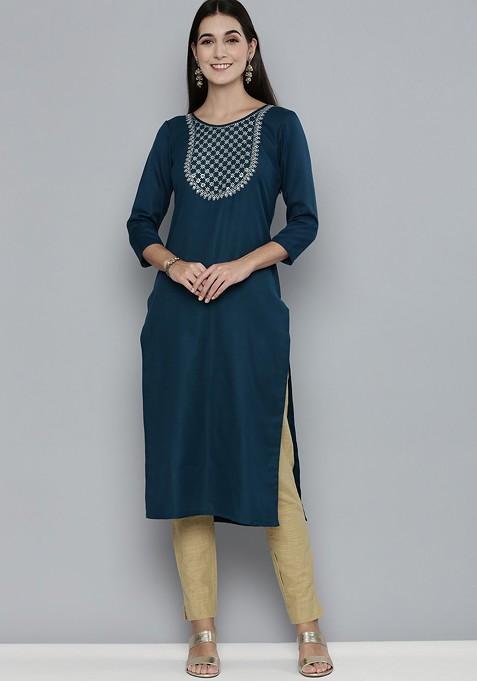 Teal Embroidered Kurta