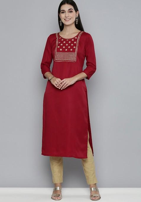 Maroon Ethnic Motifs Yoke Design Thread Work Kurta