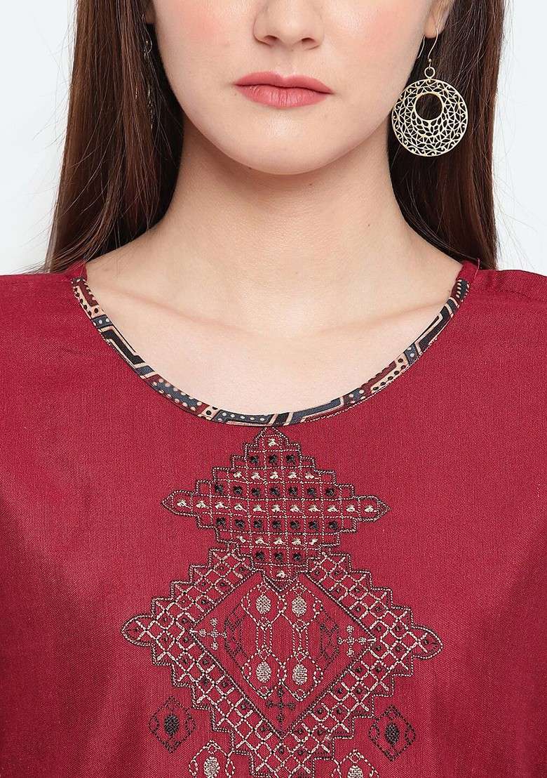 Maroon And Black Geometric Embroidered Cotton Tunic - Indya