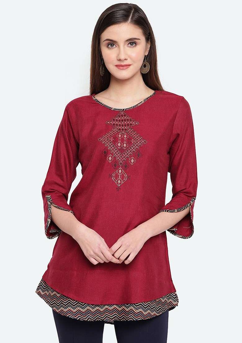 Maroon And Black Geometric Embroidered Cotton Tunic - Indya