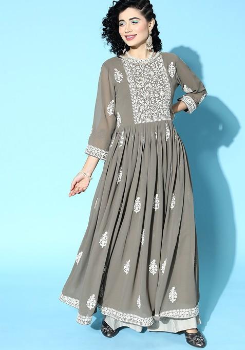 Grey Georgette Shimmer Sequin Embroidered Kurta