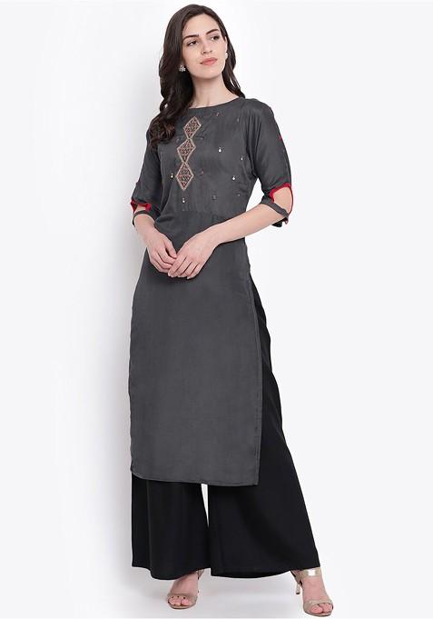 Grey Floral Embroidered Floral Kurta