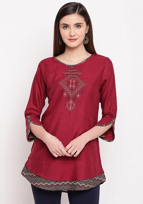 Maroon Geometric Embroidered Kurta