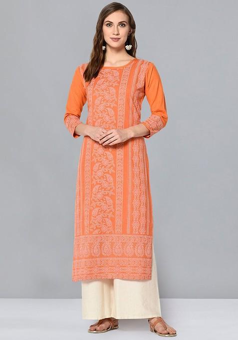 Orange Ethnic Motifs Embroidered Chikankari Cotton Kurta