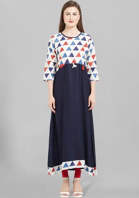 Blue Asymmetric Geometric Print A Line Cotton Kurta