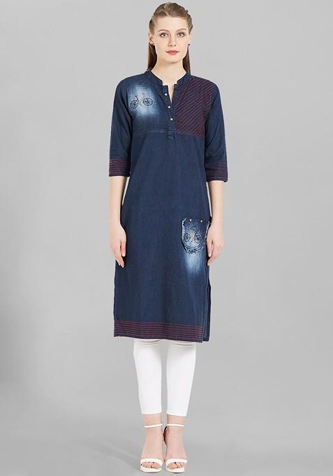 Blue Mandarin Collar Thread Work Denim Straight Cotton Kurta