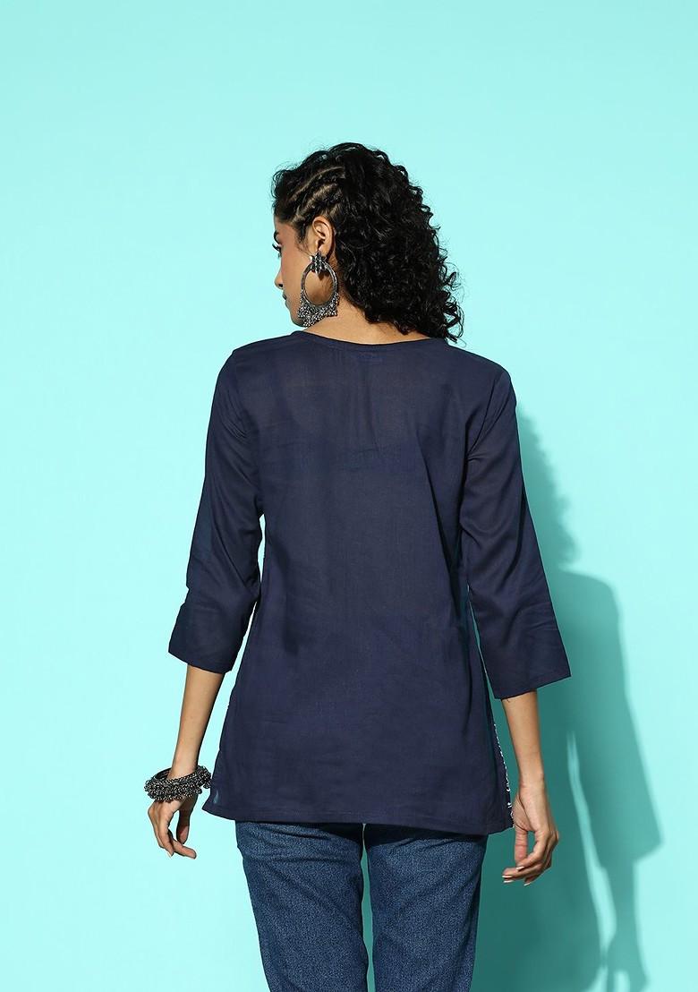Blue Embroidered Ethnic Pure Cotton Top
