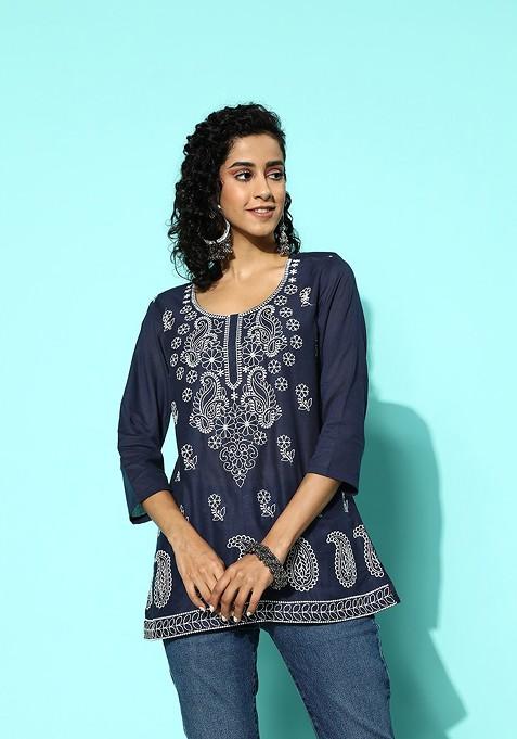 Blue Embroidered Ethnic Pure Cotton Top