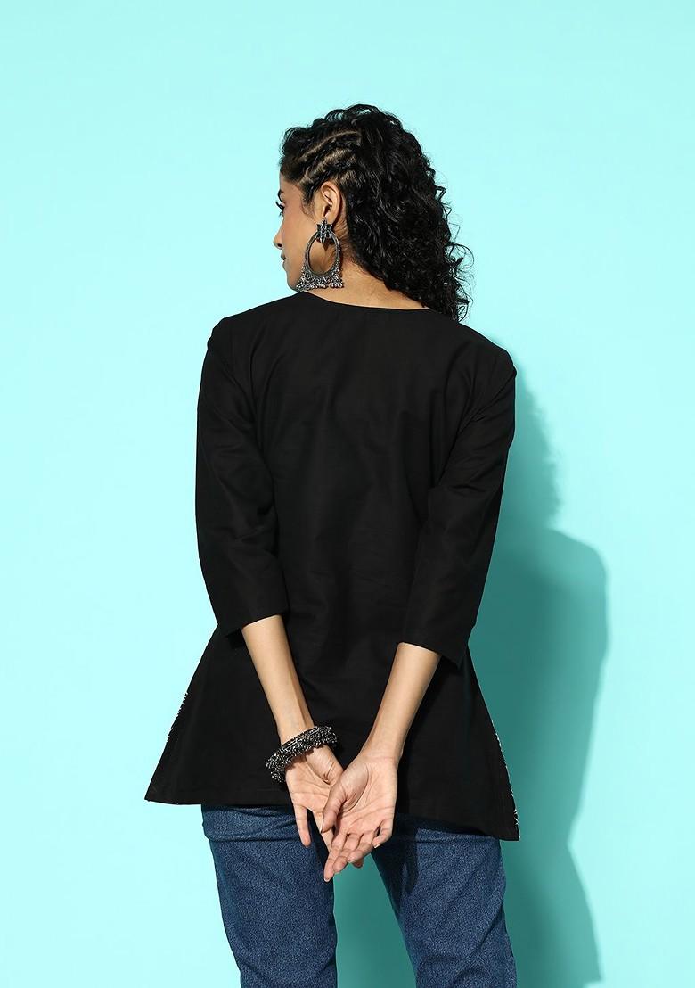 Black Embroidered Ethnic Pure Cotton Top