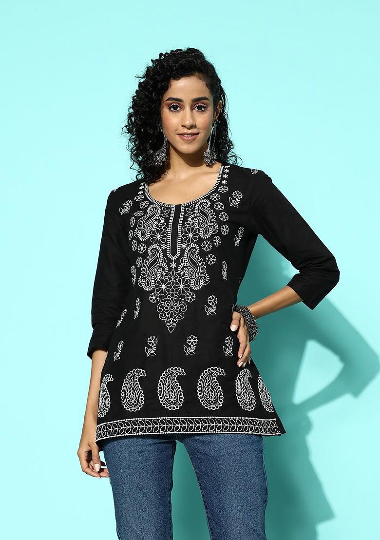 Black Embroidered Ethnic Pure Cotton Top