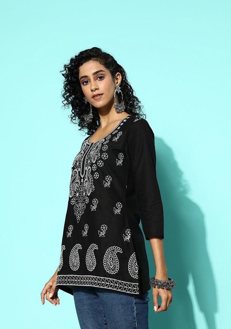 Black Embroidered Ethnic Pure Cotton Top