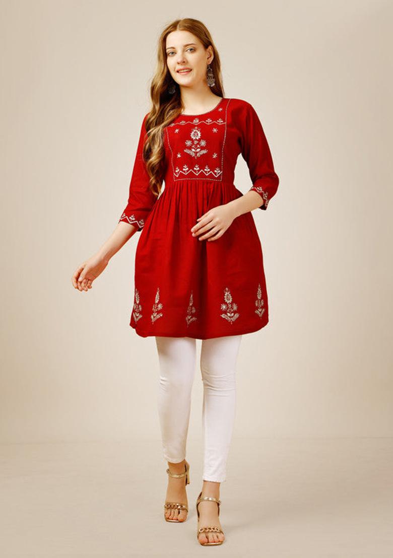 Red Embroidered Rayon Tunic - Indya