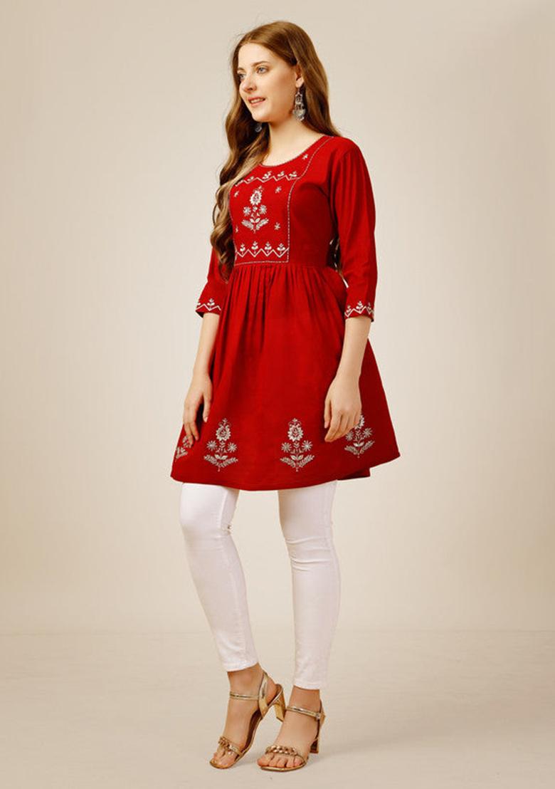 Red Embroidered Rayon Tunic - Indya