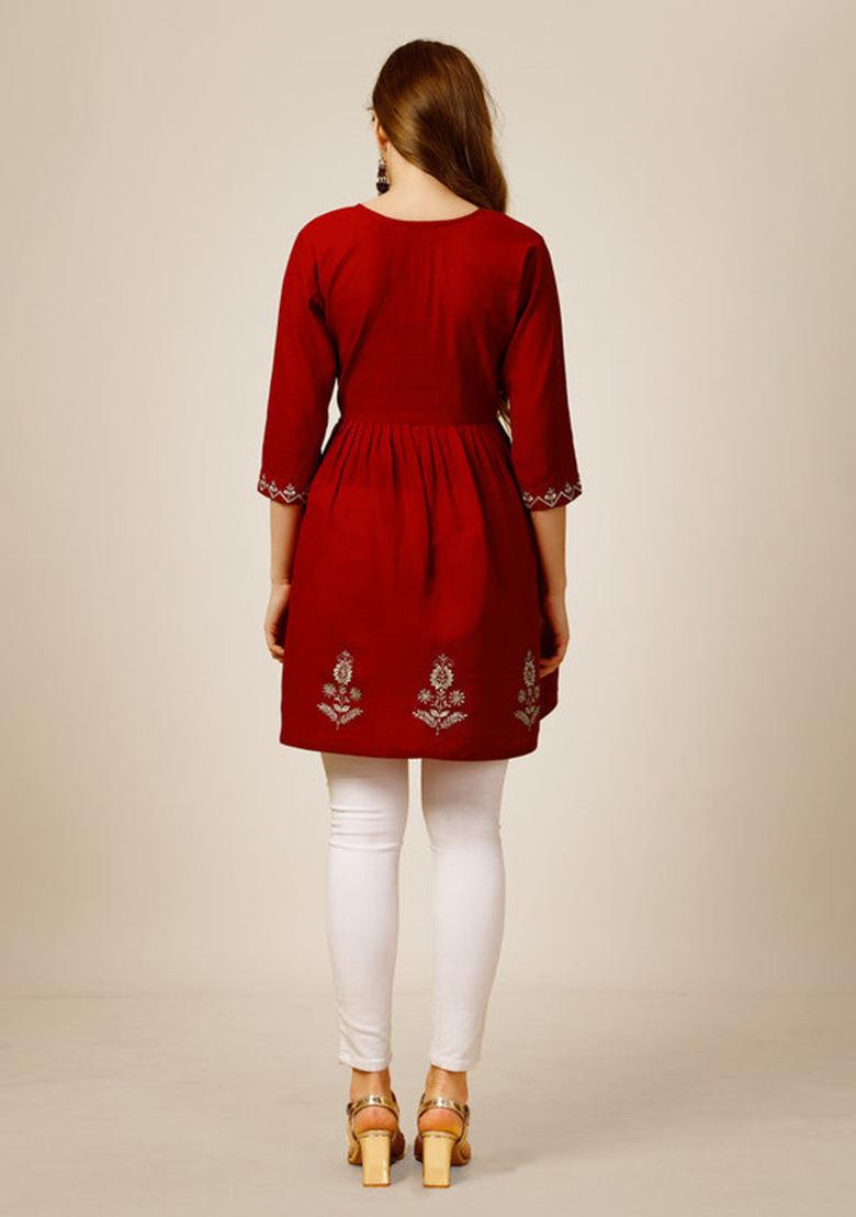 Red Embroidered Rayon Tunic - Indya