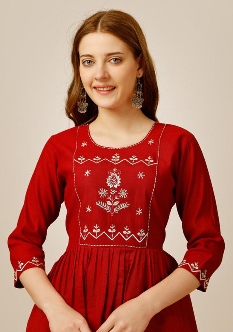Red Embroidered Rayon Tunic - Indya
