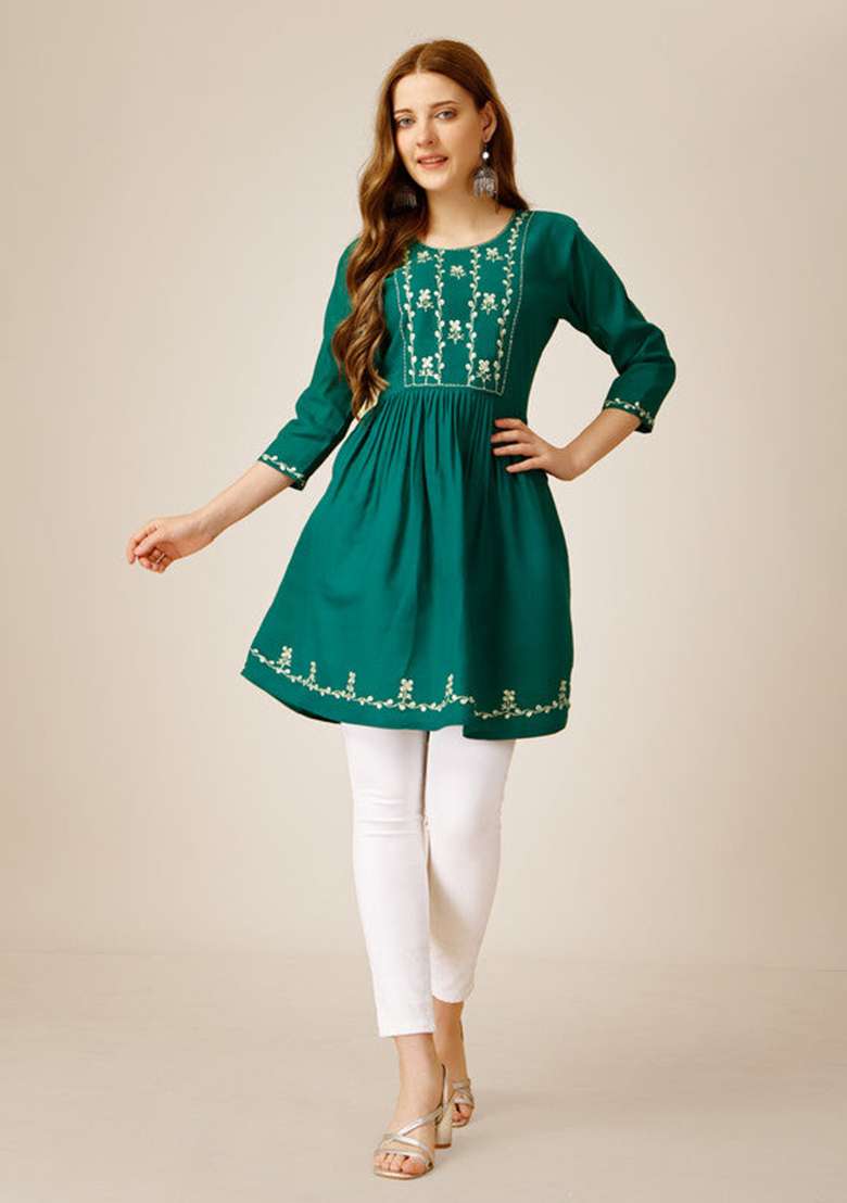 Light Green Embroidered Rayon Tunic - Indya