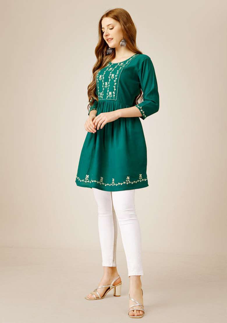 Light Green Embroidered Rayon Tunic - Indya