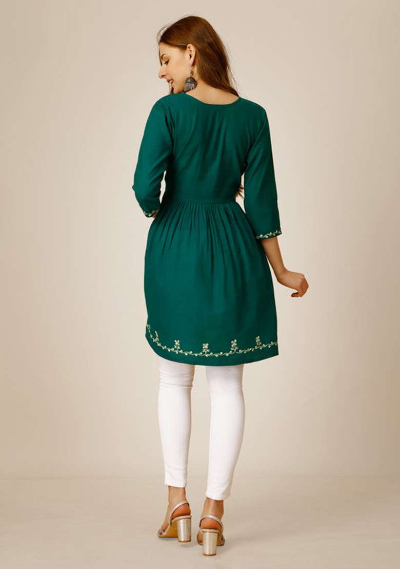 Light Green Embroidered Rayon Tunic - Indya