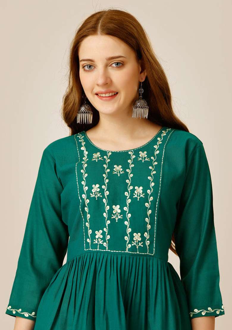 Light Green Embroidered Rayon Tunic - Indya