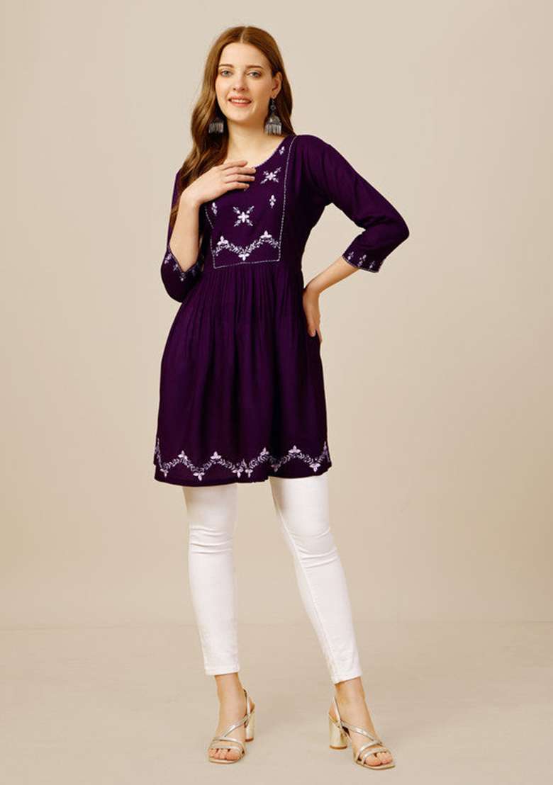 Purple Embroidered Rayon Tunic - Indya