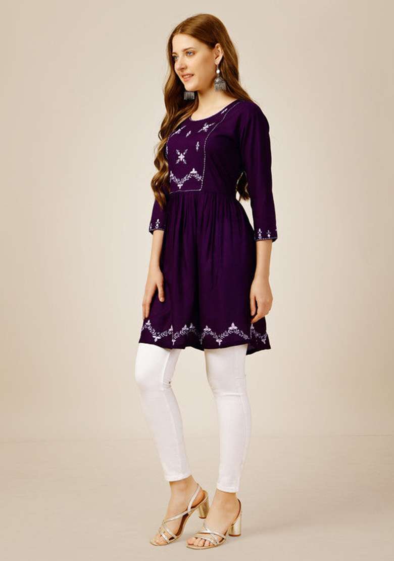 Purple Embroidered Rayon Tunic - Indya