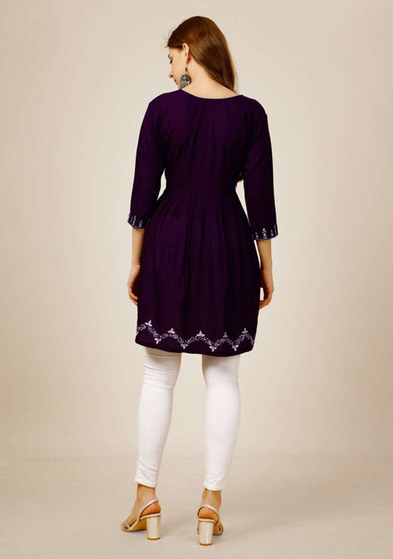Purple Embroidered Rayon Tunic - Indya