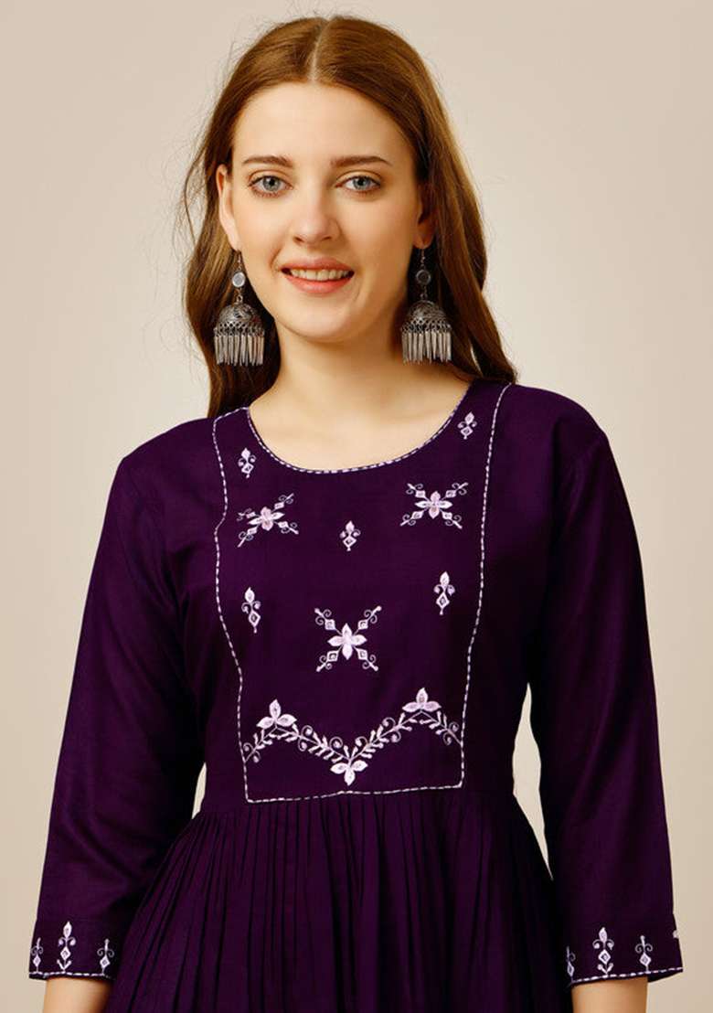 Purple Embroidered Rayon Tunic - Indya