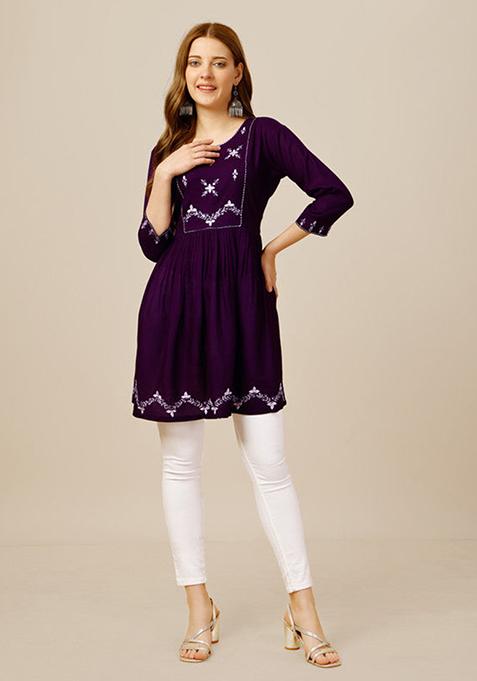 Purple Embroidered Rayon Tunic