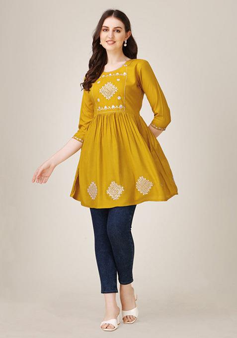 Mustard Embroidered Rayon Tunic