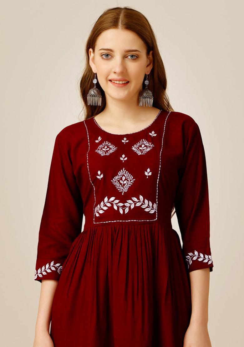 Maroon Embroidered Rayon Tunic