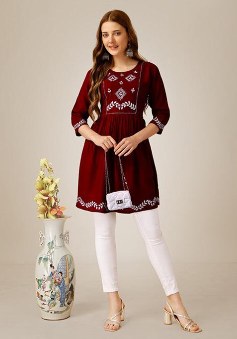 Maroon Embroidered Rayon Tunic