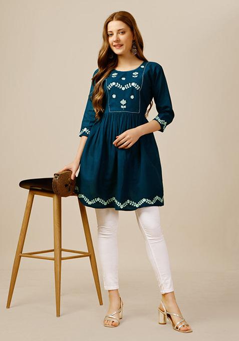 Blue Embroidered Rayon Tunic