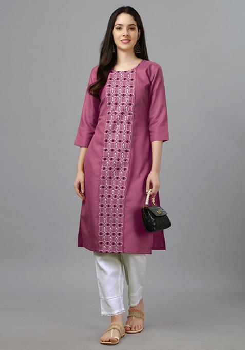 Purple Embroidered Cotton Blend Straight Kurta