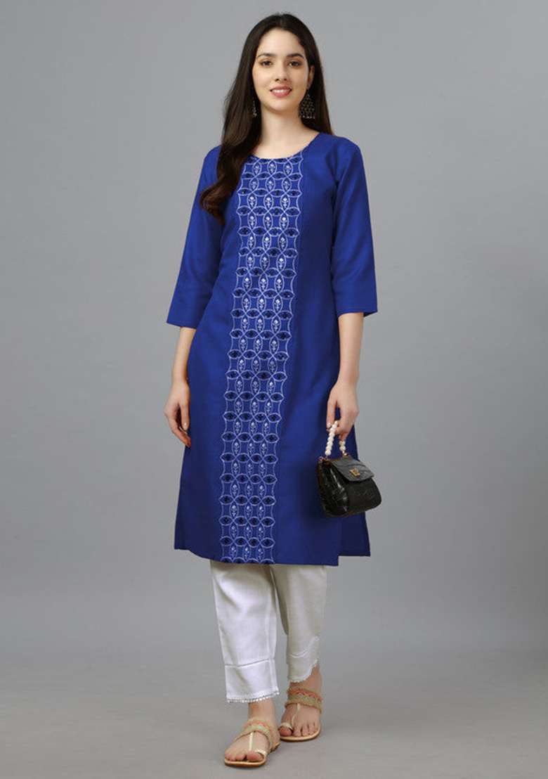 Blue Embroidered Cotton Blend Straight Kurta - Indya