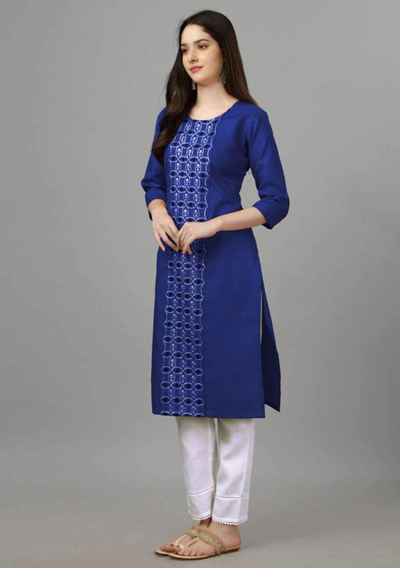 Blue Embroidered Cotton Blend Straight Kurta - Indya