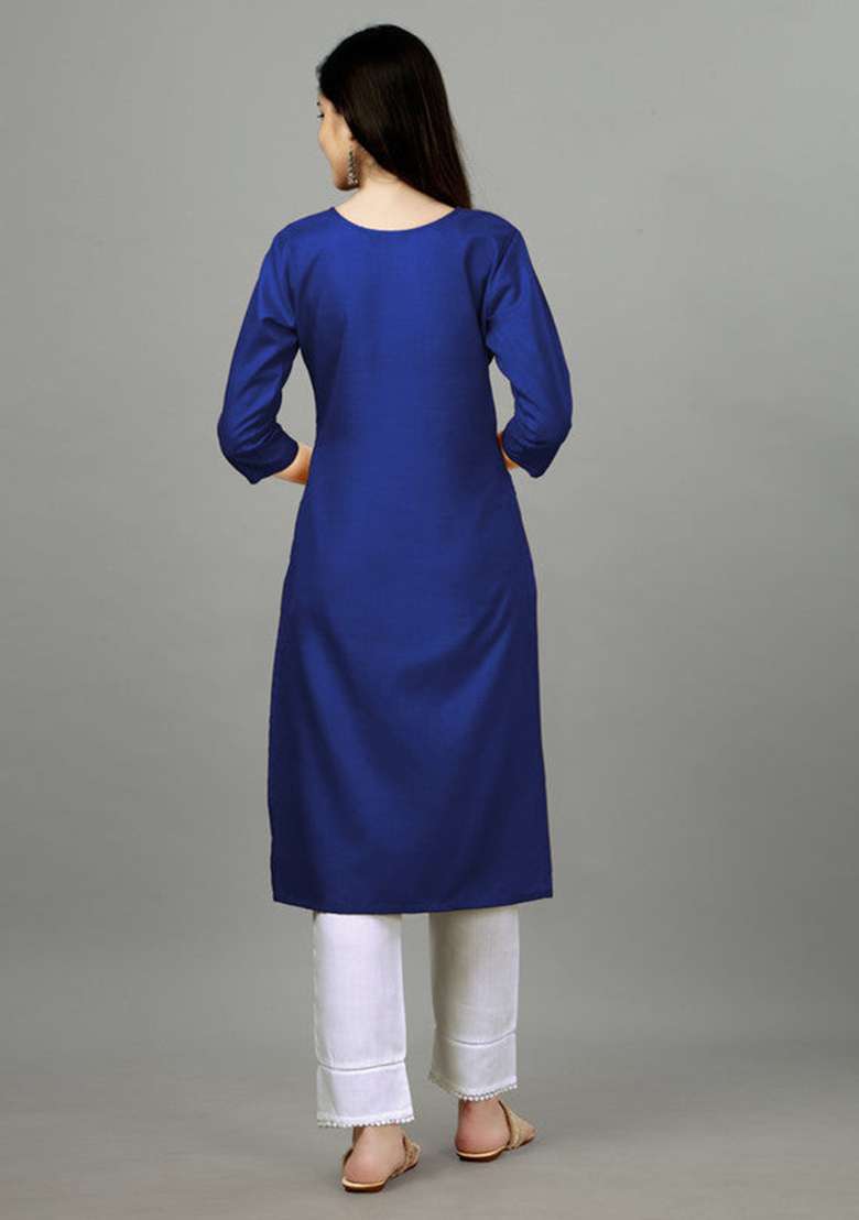 Blue Embroidered Cotton Blend Straight Kurta - Indya