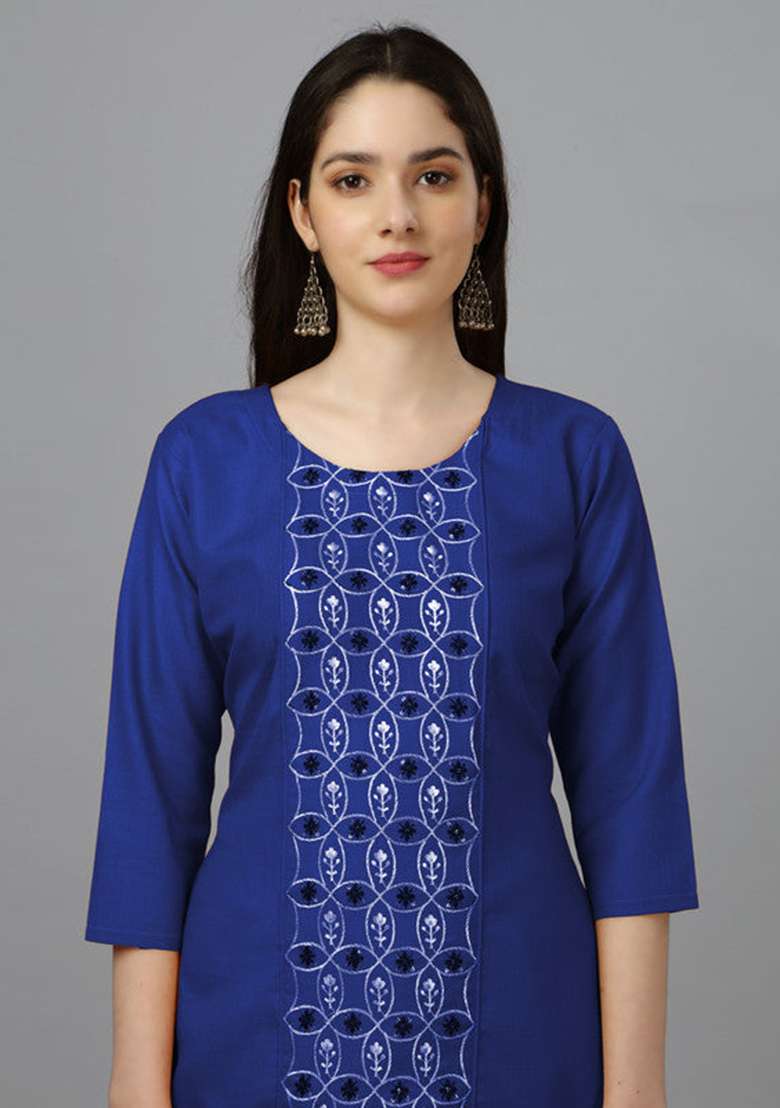 Blue Embroidered Cotton Blend Straight Kurta - Indya