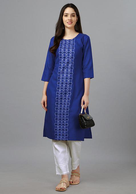 Blue Embroidered Cotton Blend Straight Kurta