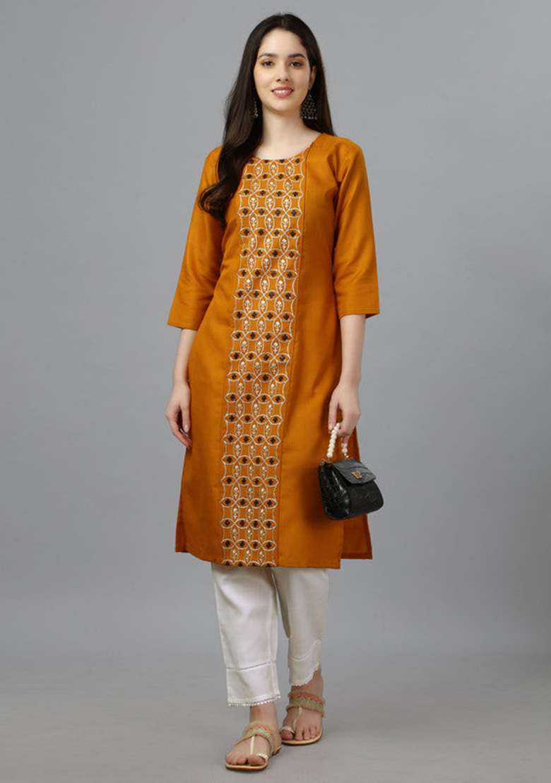 Yellow Embroidered Cotton Blend Straight Kurta - Indya