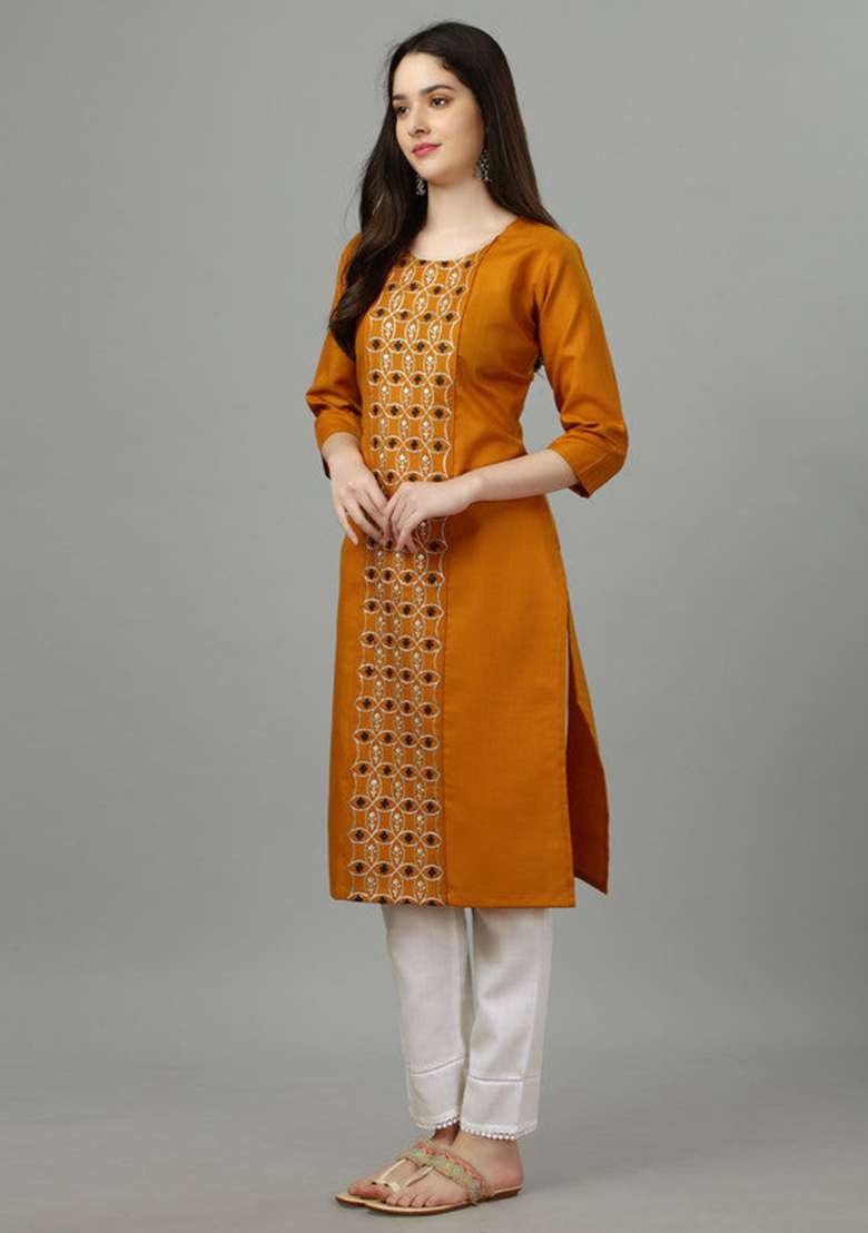 Yellow Embroidered Cotton Blend Straight Kurta - Indya