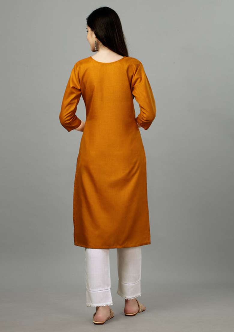 Yellow Embroidered Cotton Blend Straight Kurta - Indya