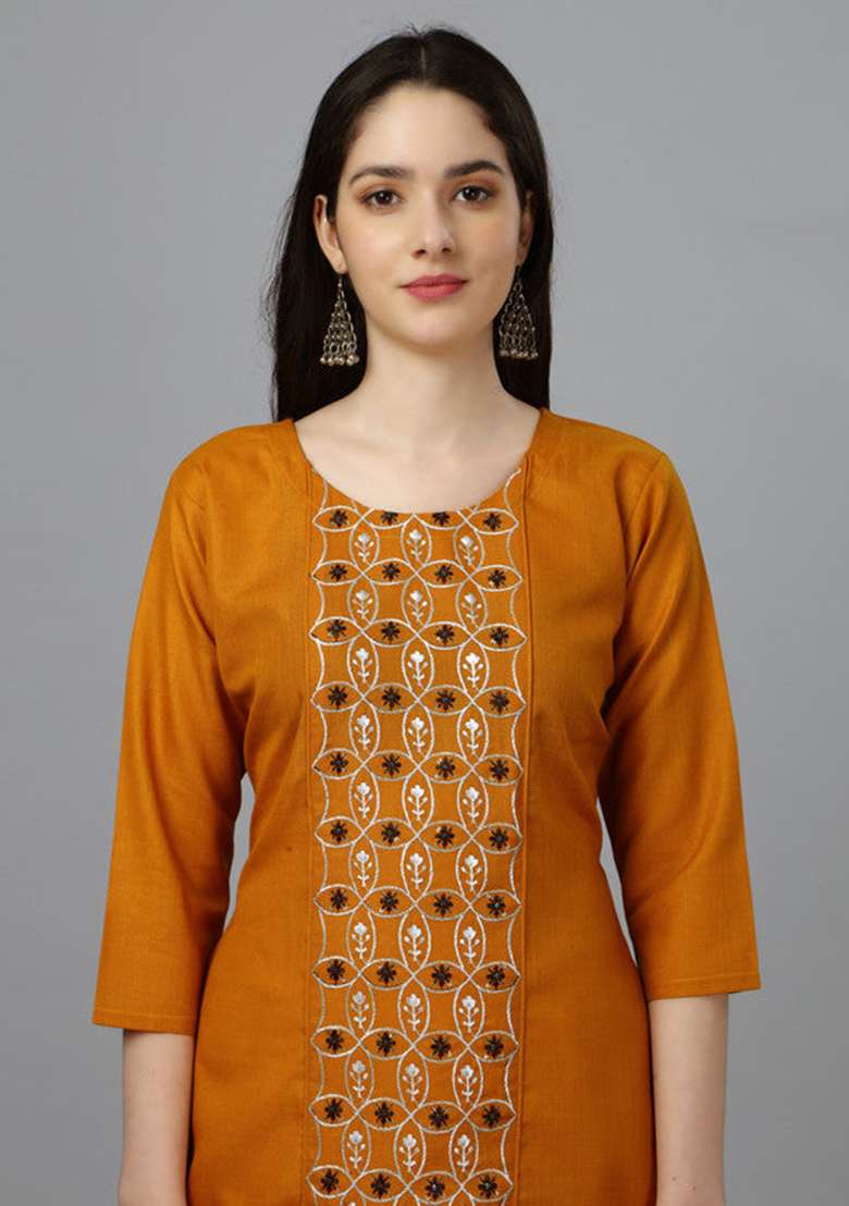 Yellow Embroidered Cotton Blend Straight Kurta - Indya