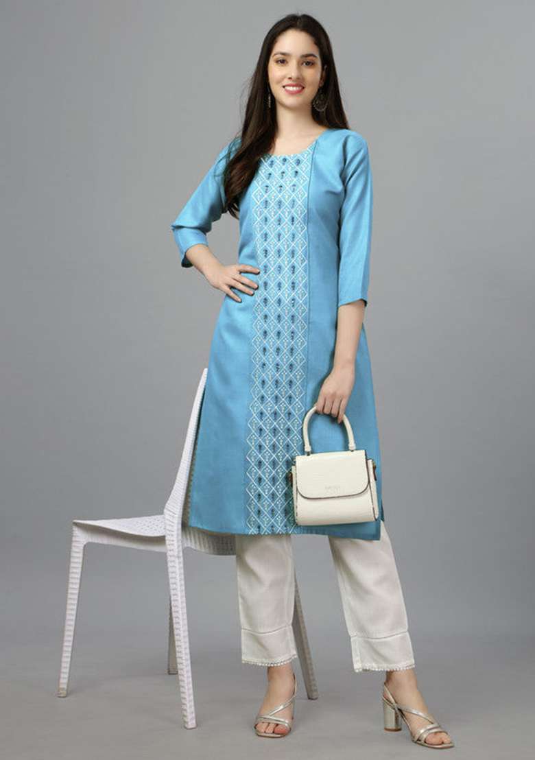 Light Blue Embroidered Cotton Straight Kurta Set - Indya