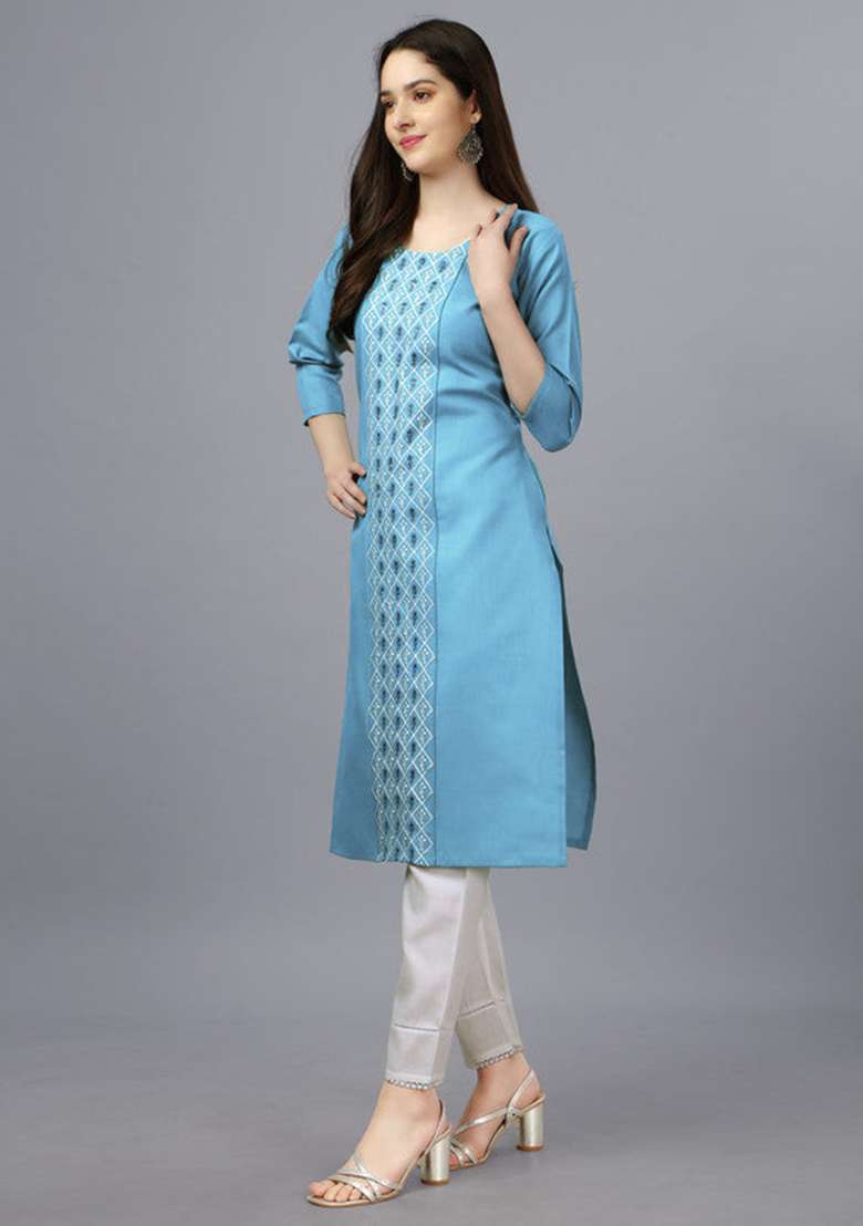 Light Blue Embroidered Cotton Straight Kurta Set - Indya