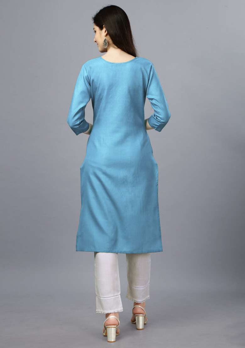 Light Blue Embroidered Cotton Straight Kurta Set - Indya