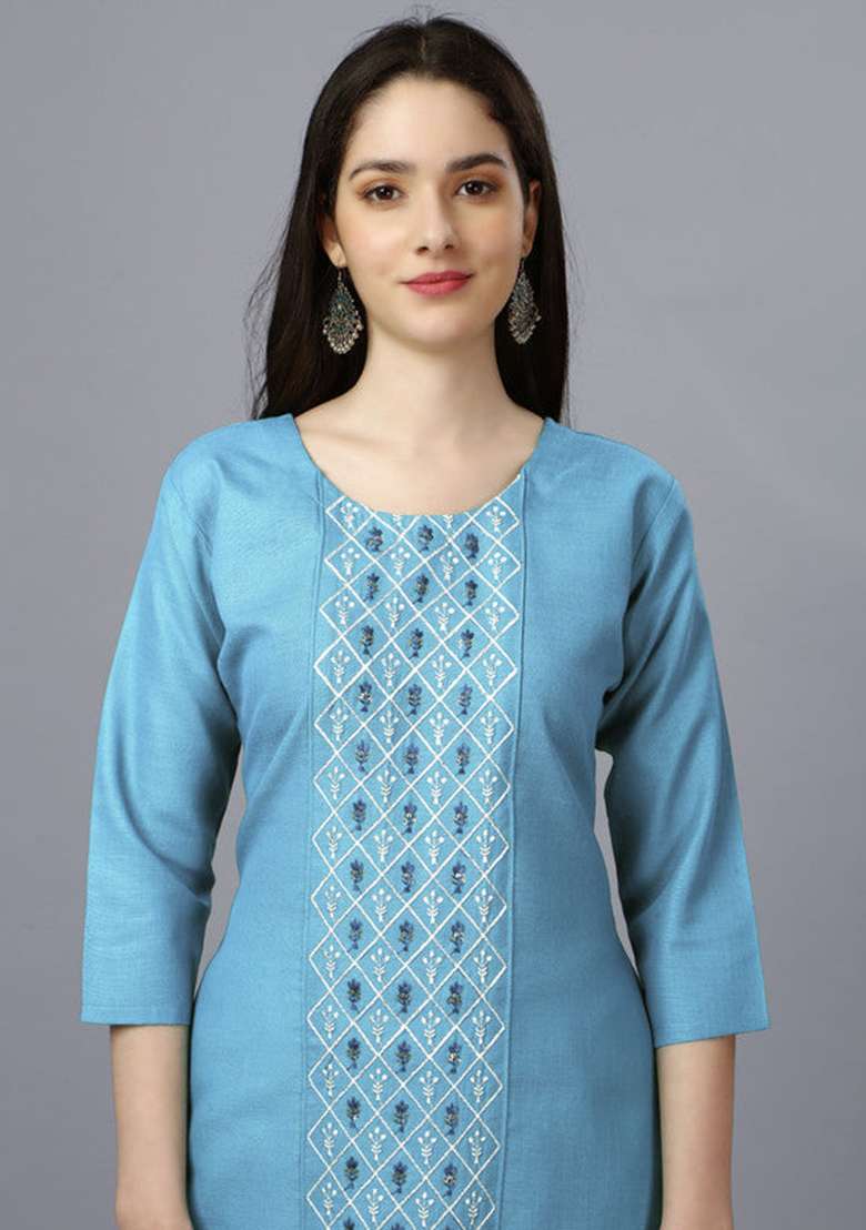 Light Blue Embroidered Cotton Straight Kurta Set - Indya